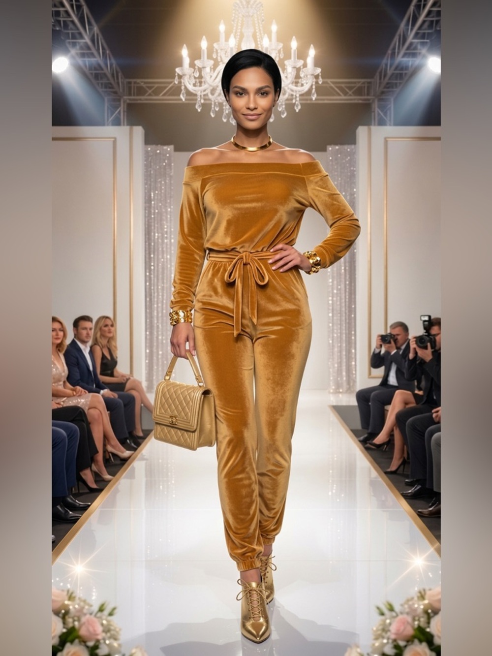 Elegant Velvet Gold Off-Shoulder Jumpsuit